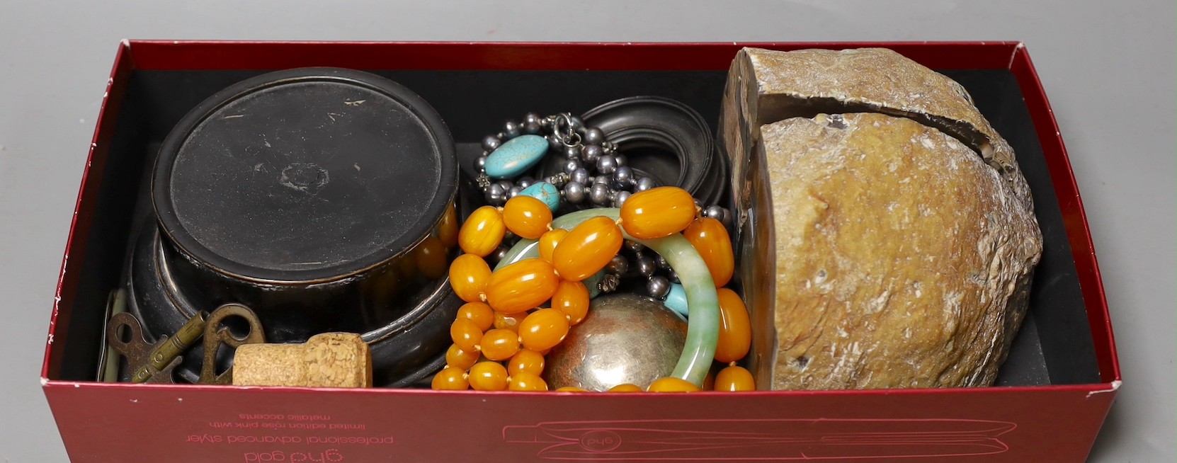 Mixed items including a pair of agate book ends, a simulated amber necklace, a turquoise necklace etc.